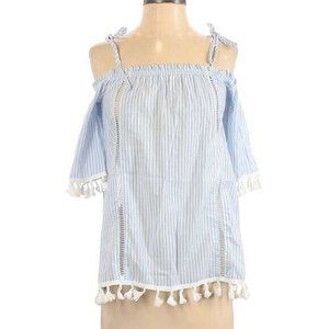 Boho Vacation Short Sleeve Off The Shoulder Striped Tassel Hem Top Size Small